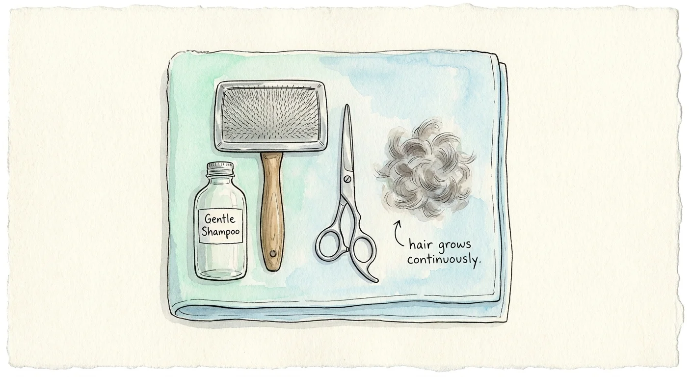 A watercolor illustration of grooming tools like a brush and scissors, illustrating the need for regular trims.