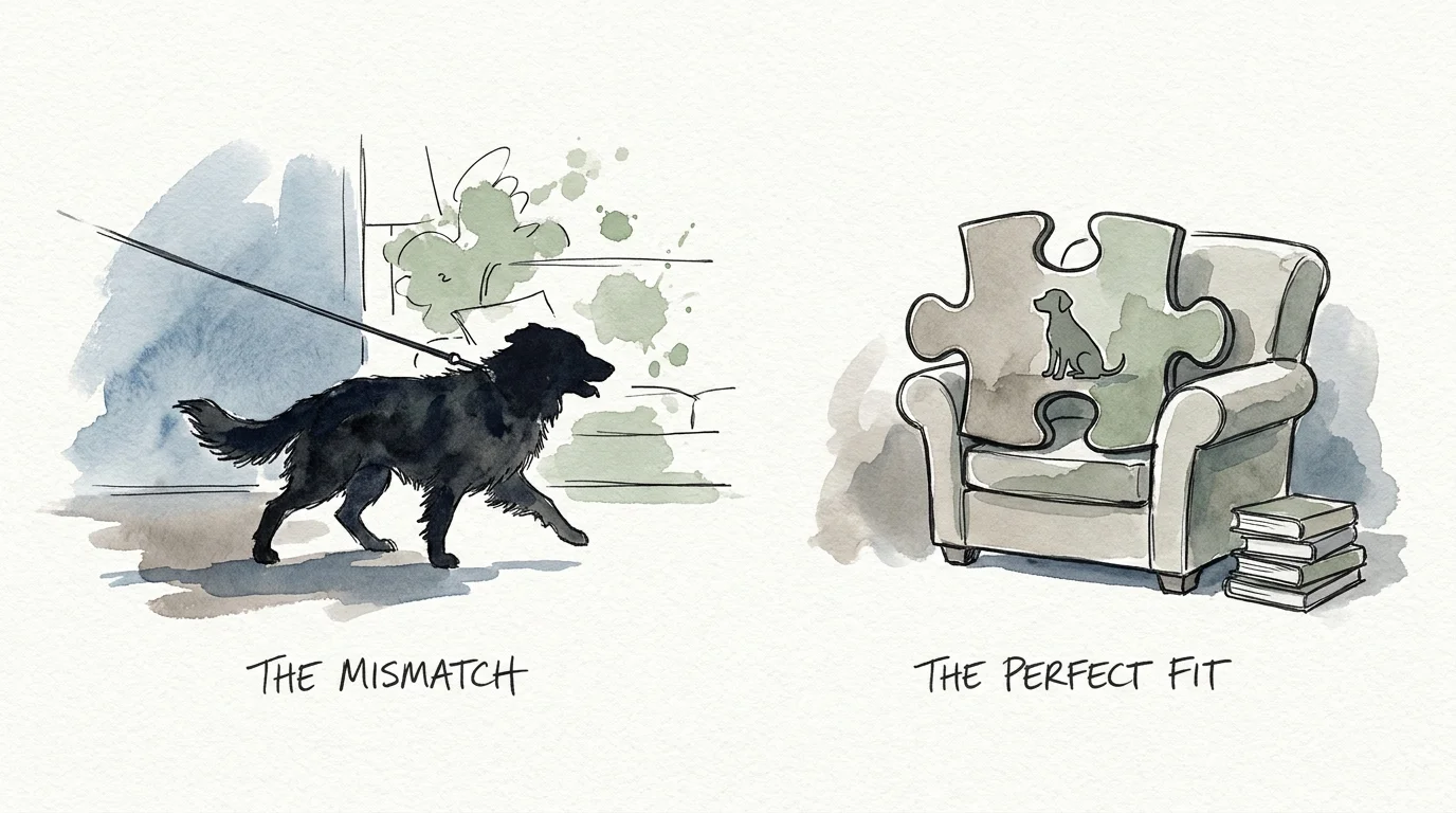A watercolor illustration showing a puzzle piece dog fitting into a cozy home scene, symbolizing breed compatibility.