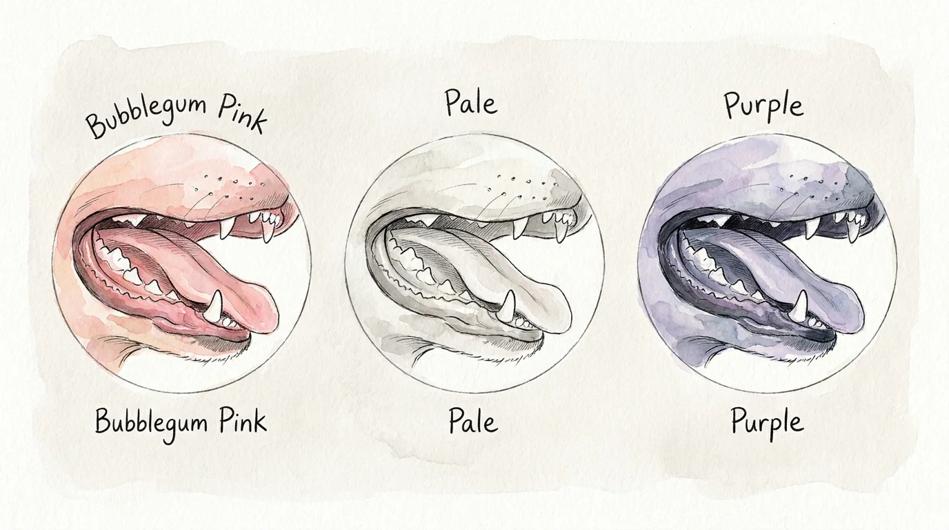 A watercolor illustration showing three different gum colors in a dog: healthy pink, pale white, and bluish purple.