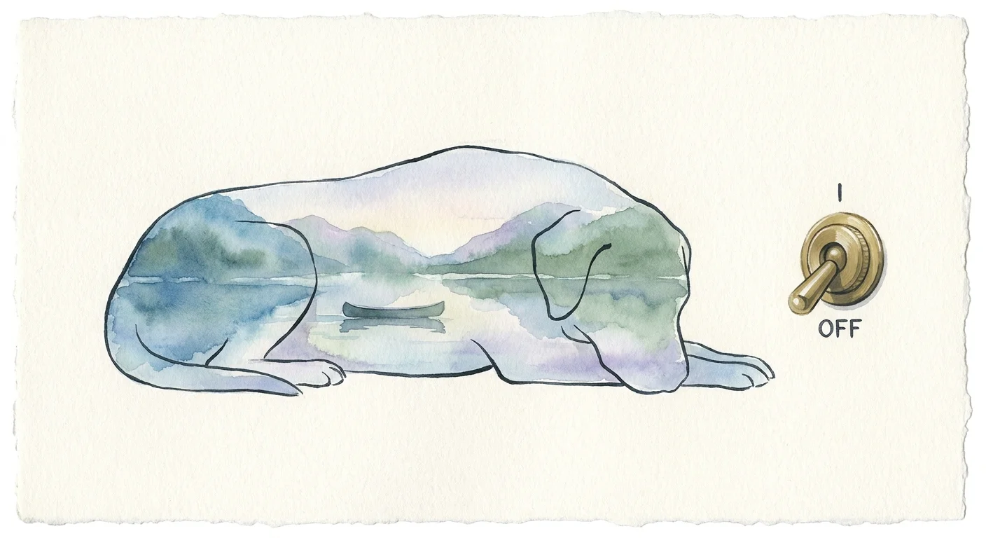A watercolor silhouette of a dog filled with a peaceful mountain landscape and a brass 'off' switch icon.