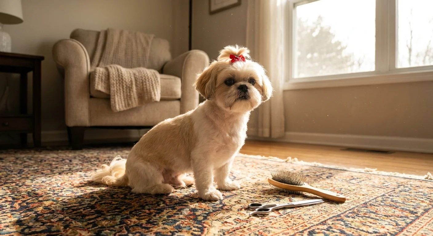 A well-groomed Shih Tzu sits on a Persian rug next to grooming tools in a sunlit room.