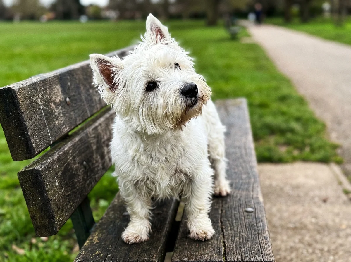 A Westie standing on a park bench with a spirited expression, looking alert and friendly.
