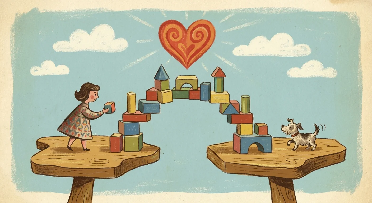 A whimsical gouache illustration of a person and dog building a bridge to represent overcoming challenges.