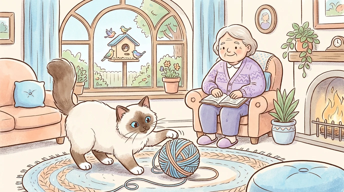 A whimsical watercolor illustration of a Birman cat with white paws playing near its owner.