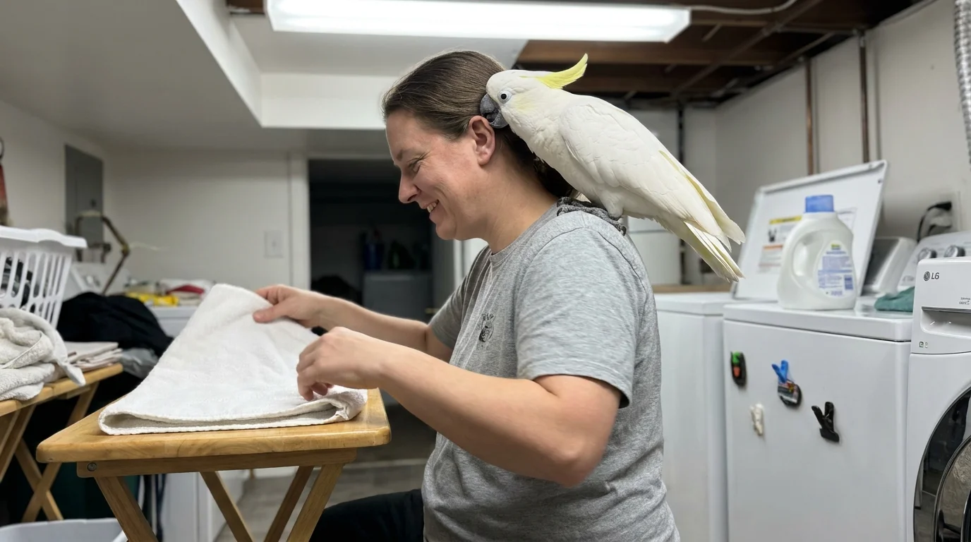 A white cockatoo perches on its owner's shoulder and gently preens them while they do laundry.