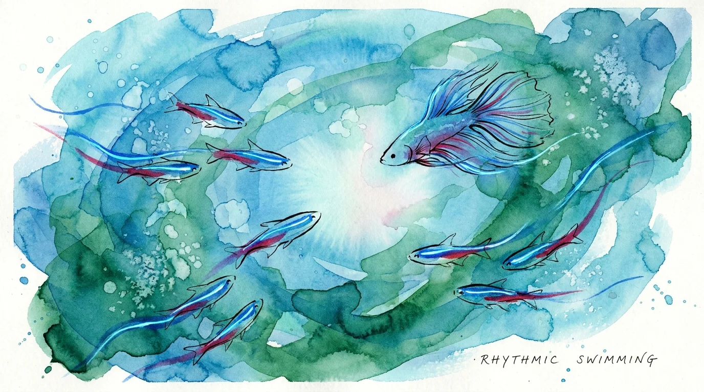 An abstract watercolor painting of colorful fish moving through blue and green water in a rhythmic pattern.