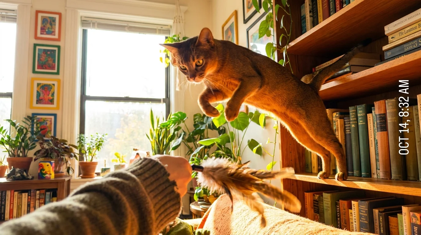 An active Abyssinian cat leaps from a high bookshelf toward a feather toy held by its owner.