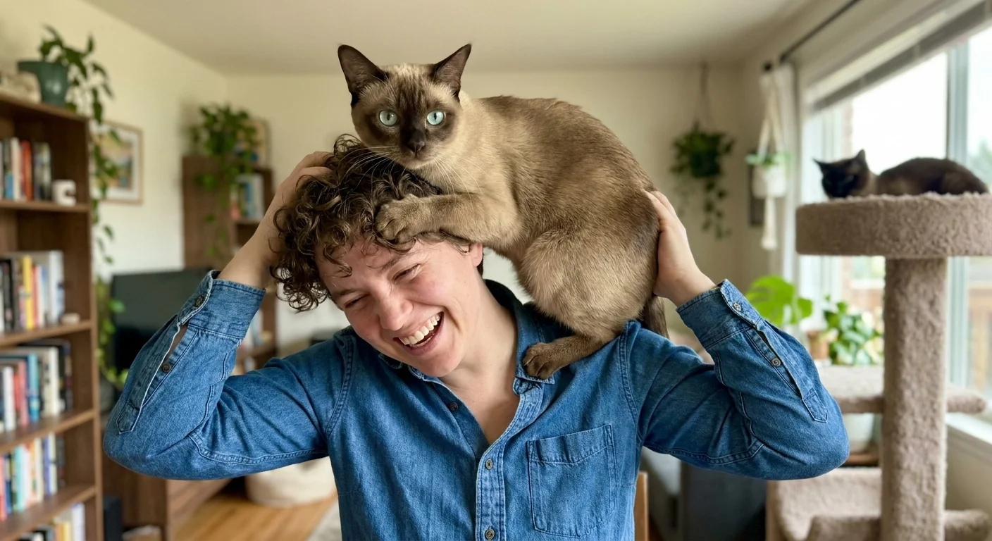 An adventurous Tonkinese cat perches on its owner's shoulders, looking curious and playful.
