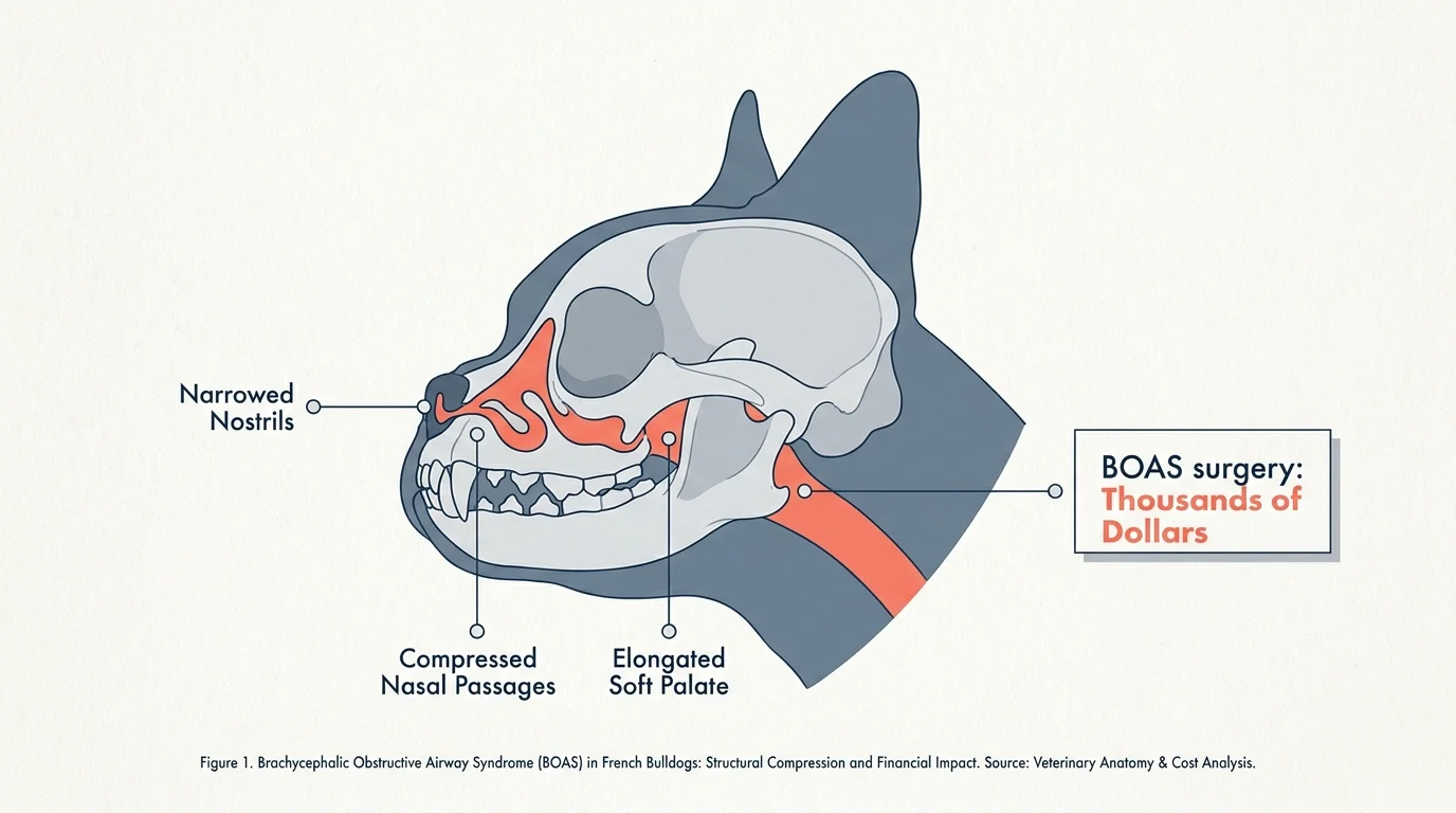 An anatomical diagram of a bulldog's head labeling respiratory issues like BOAS and the high cost of corrective surgery.