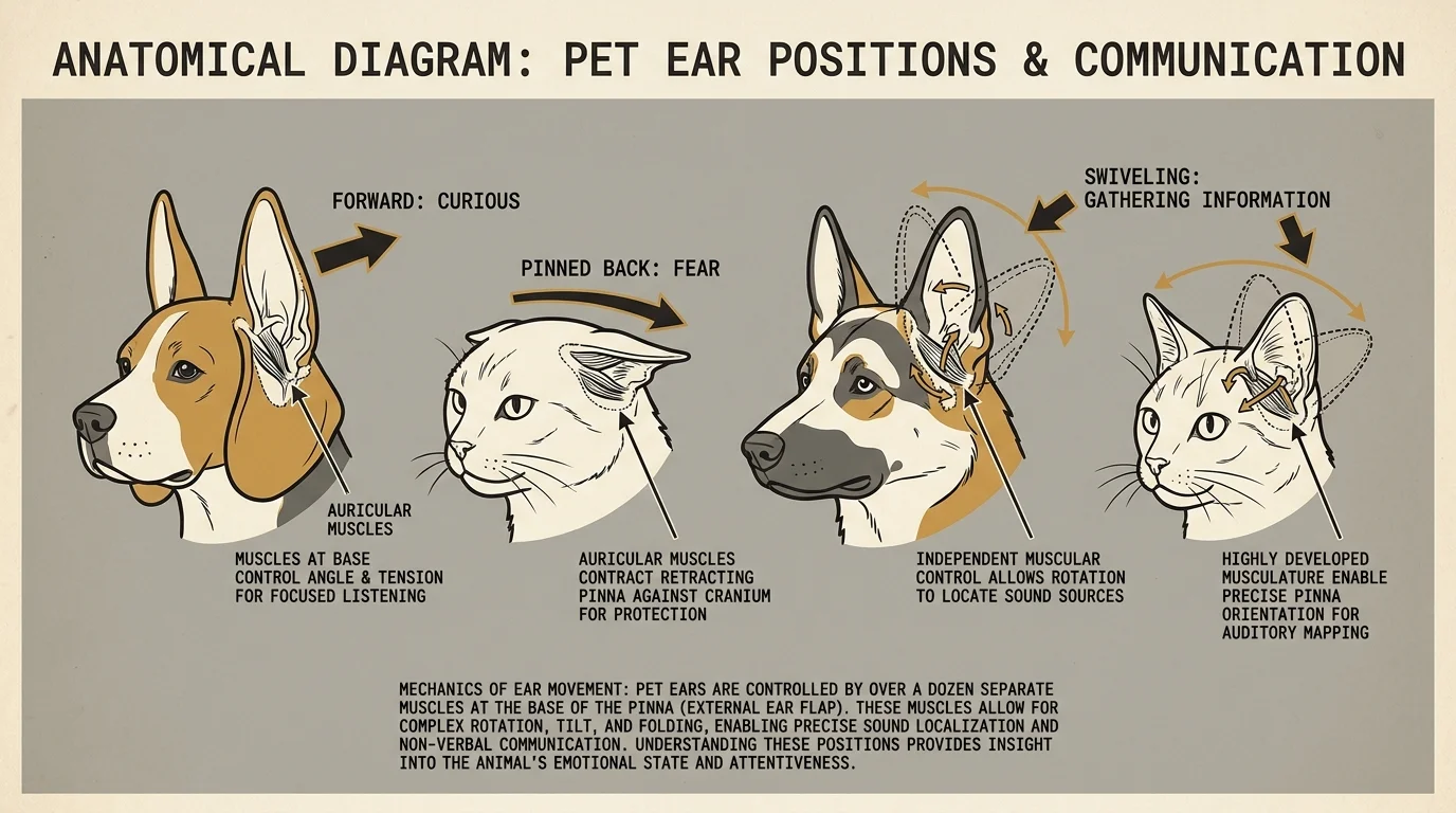 An anatomical diagram showing various ear positions in pets and their corresponding emotional meanings.