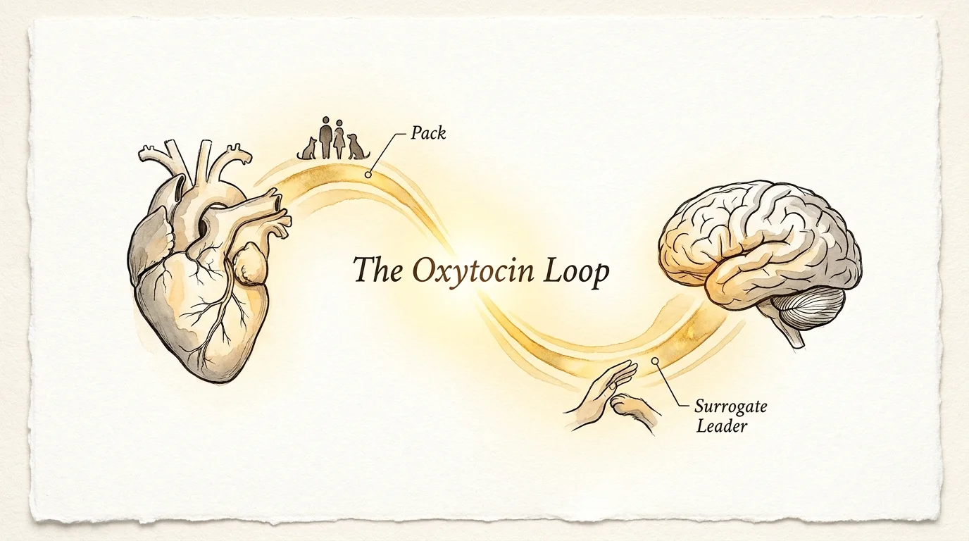An artistic diagram showing a golden connection between a heart and a pet brain, labeled 'The Oxytocin Loop'.
