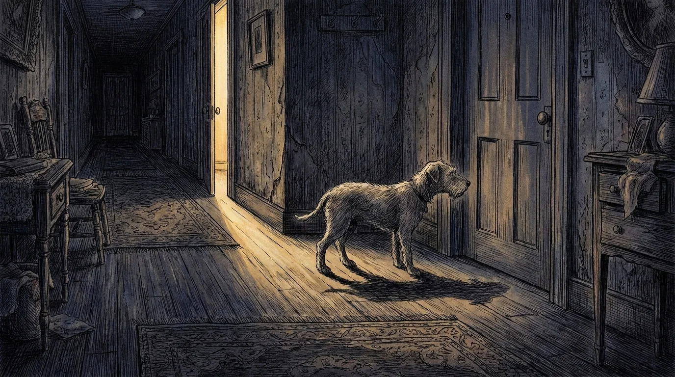 An atmospheric illustration of an old dog standing in a dark hallway, capturing the disorientation of cognitive decline.