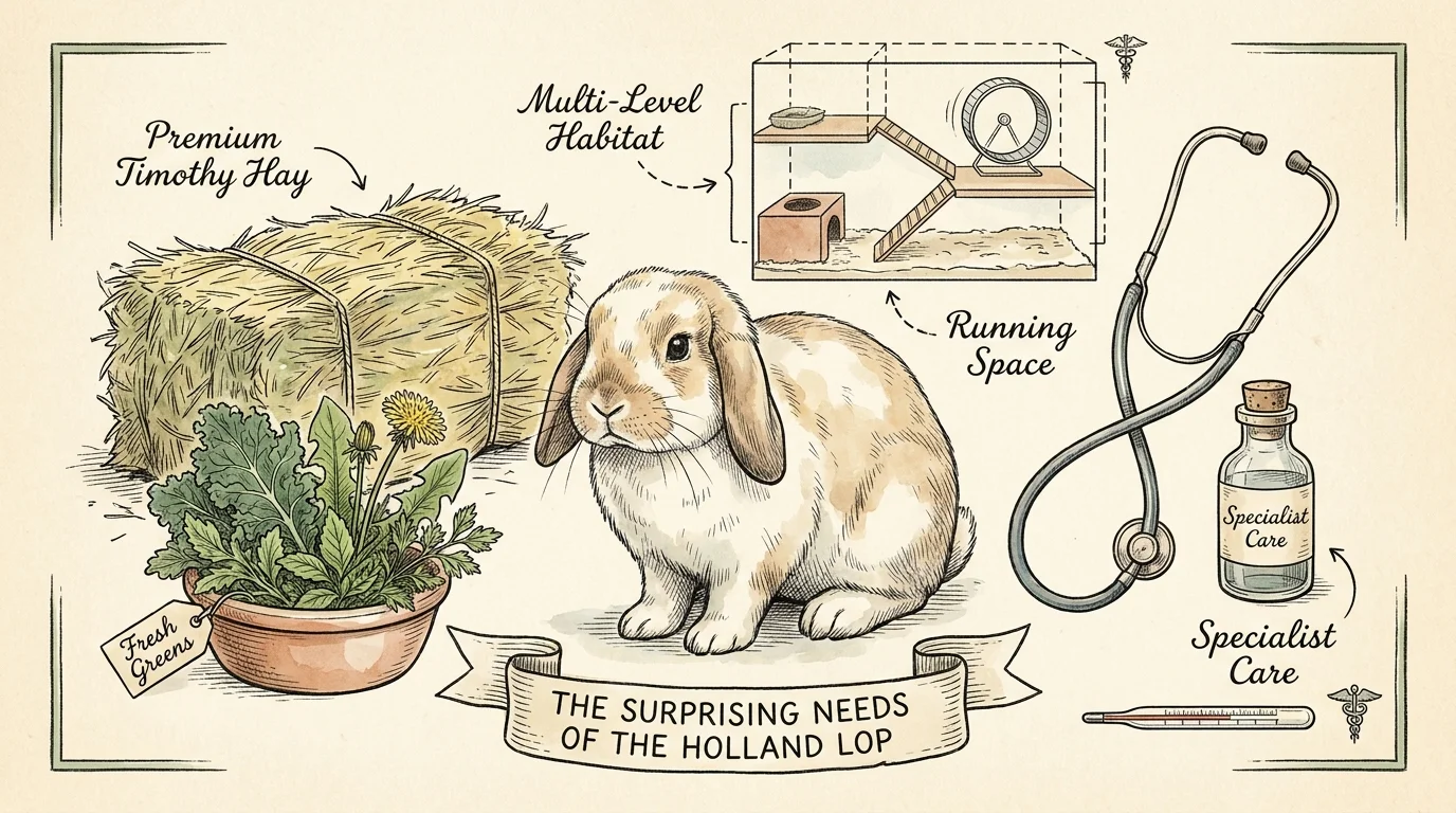 An editorial illustration showing a rabbit surrounded by its expensive requirements like premium hay and specialist vet care.