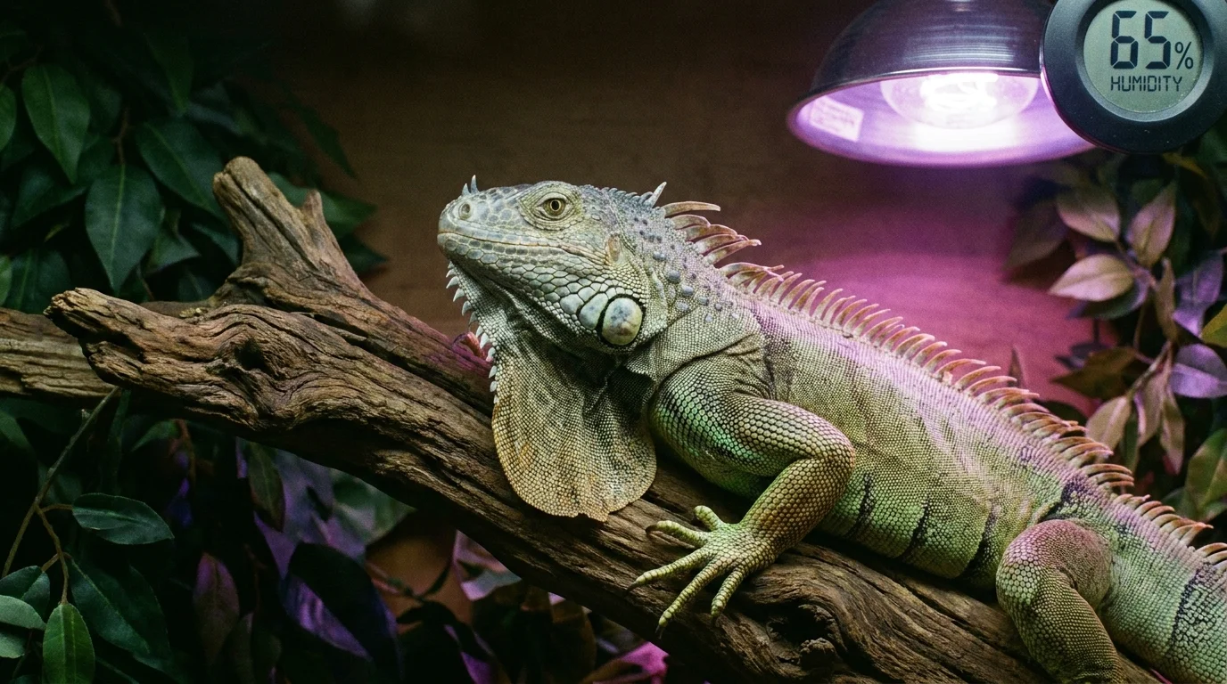 An iguana in a climate-controlled enclosure with specialized heat lamps and digital monitors visible.