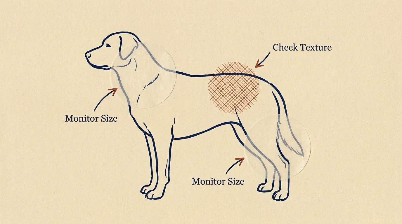 An illustrated map of a dog silhouette with circles indicating common areas to check for new lumps and swellings.