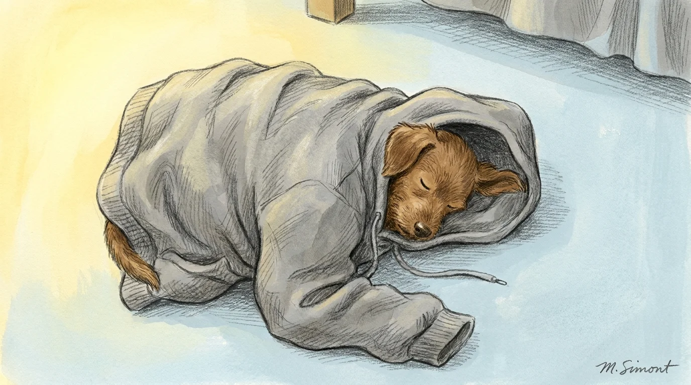 An illustration of a dog sleeping on its owner's sweatshirt, drawn in a cozy, textured gouache style.