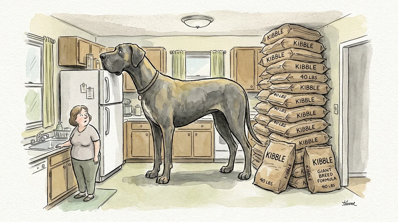 An illustration of a giant Great Dane standing next to a massive mountain of dog food bags in a kitchen.