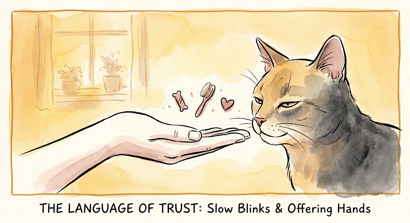 An illustration of a human hand and a cat sharing a 'slow blink' moment, surrounded by symbols of trust like treats and brushes.
