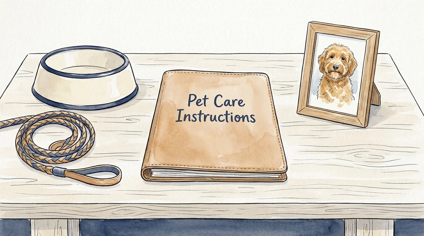 An illustration of a pet care folder, a leash, and a bowl, representing planning for a dog's future.