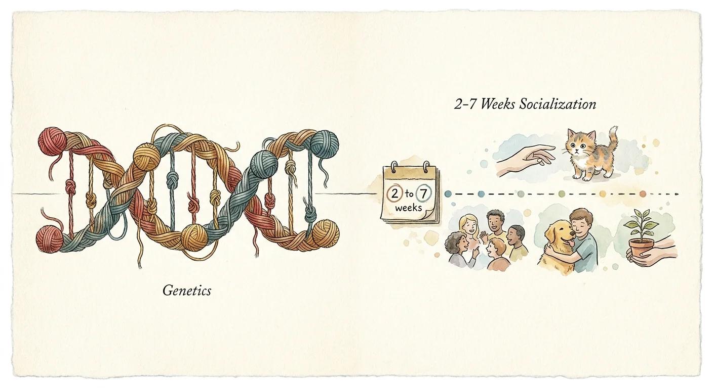 An illustration showing a DNA strand made of yarn and a timeline highlighting the critical 2 to 7 week socialization period for kittens.