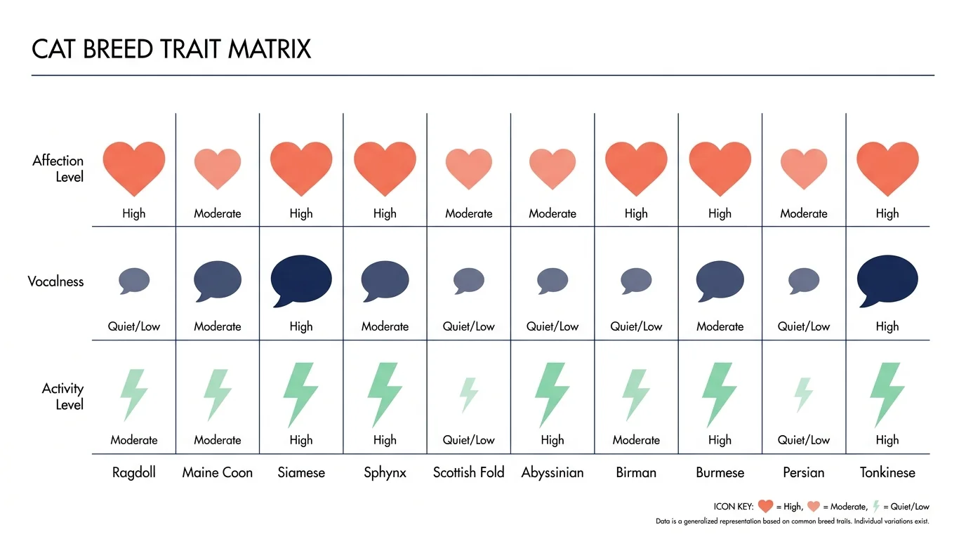 An infographic comparing 10 cat breeds across categories of affection, vocalness, and activity levels using icons.