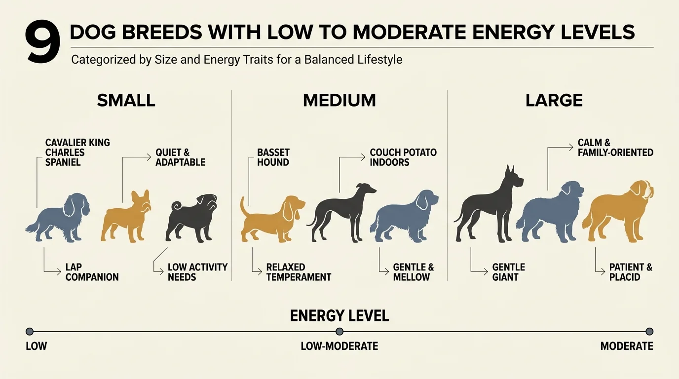 An infographic comparing 9 dog breeds by size and energy level, using categories Small, Medium, and Large.