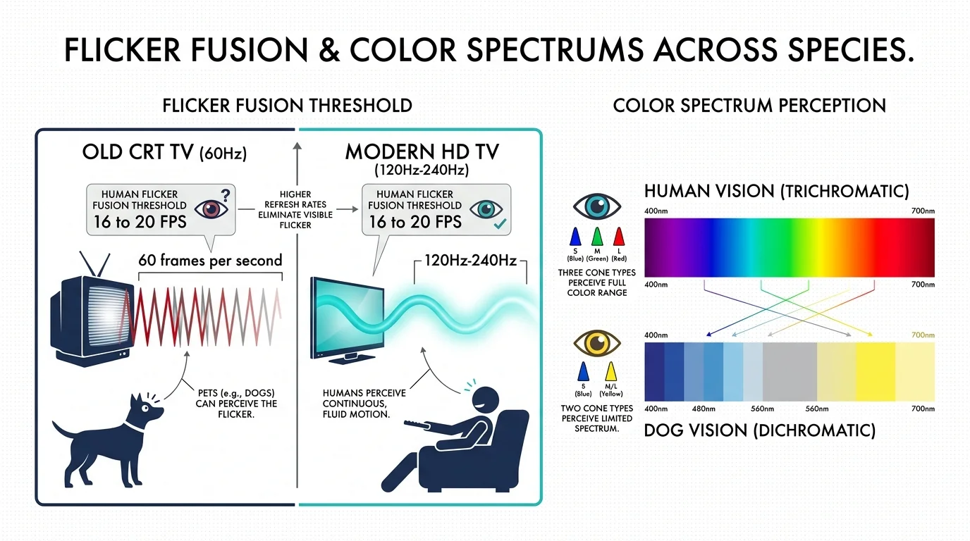 An infographic comparing the flicker rates of old vs. modern TVs and the color spectrums perceived by humans versus dogs.