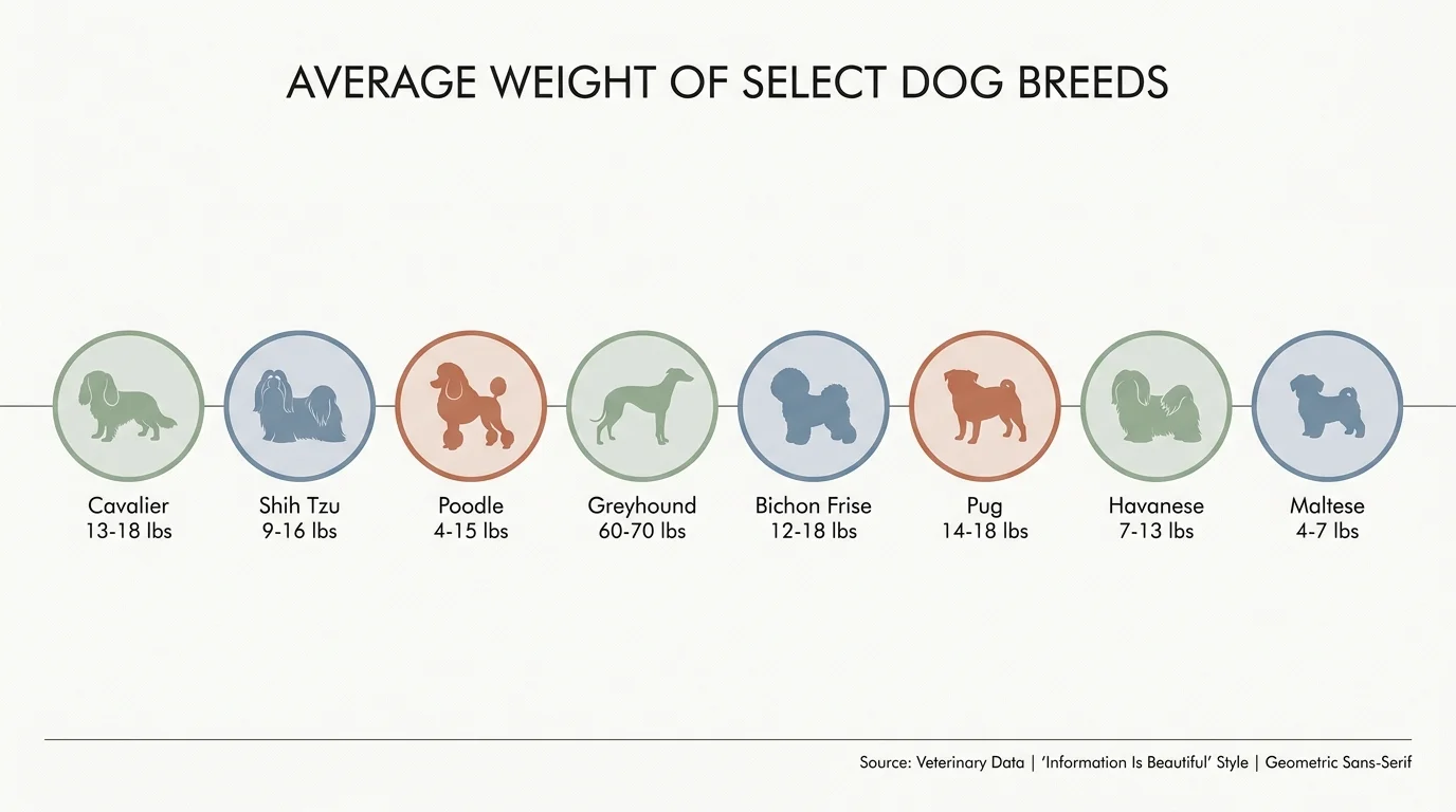 An infographic grid comparing 8 dog breeds by their average weight and energy levels.