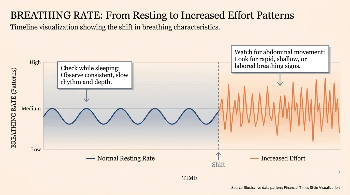 An infographic showing two different wave patterns representing a dog's normal versus labored breathing rates.