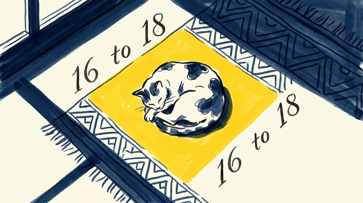 An ink and gouache illustration of a senior cat sleeping in a sunbeam with the text '16 to 18' representing sleep hours.