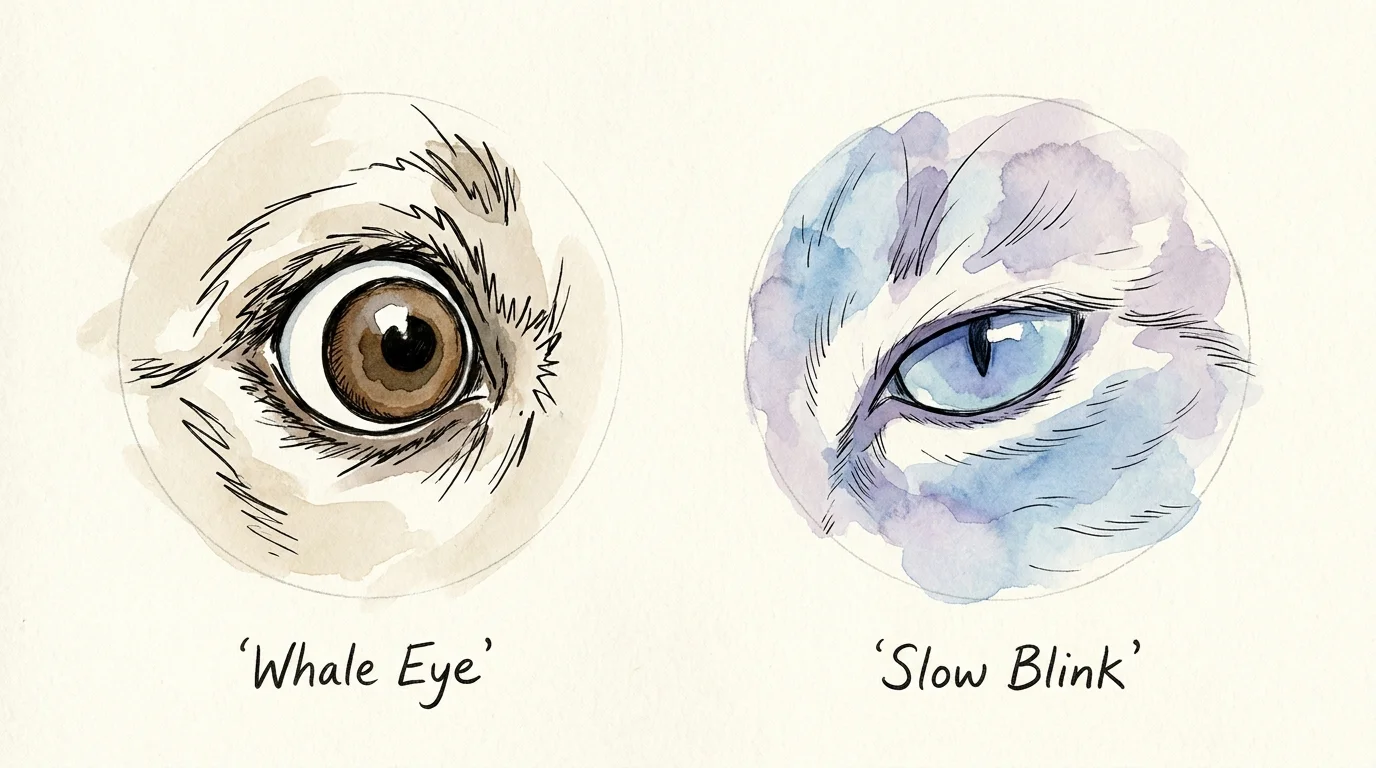 An ink and watercolor illustration comparing the stressed Whale Eye of a dog to the relaxed Slow Blink of a cat.