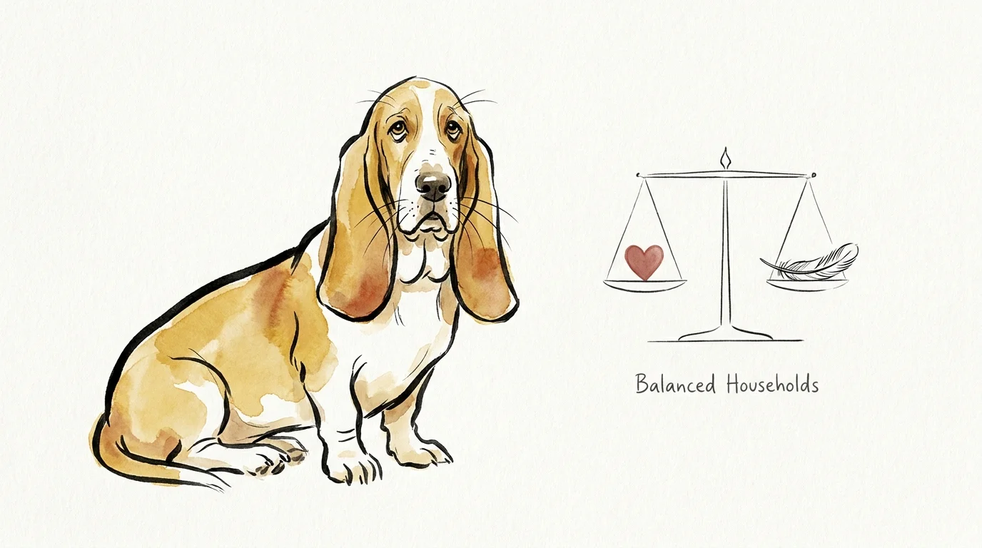 An ink and watercolor sketch of a Basset Hound next to a simple balanced scale symbol.