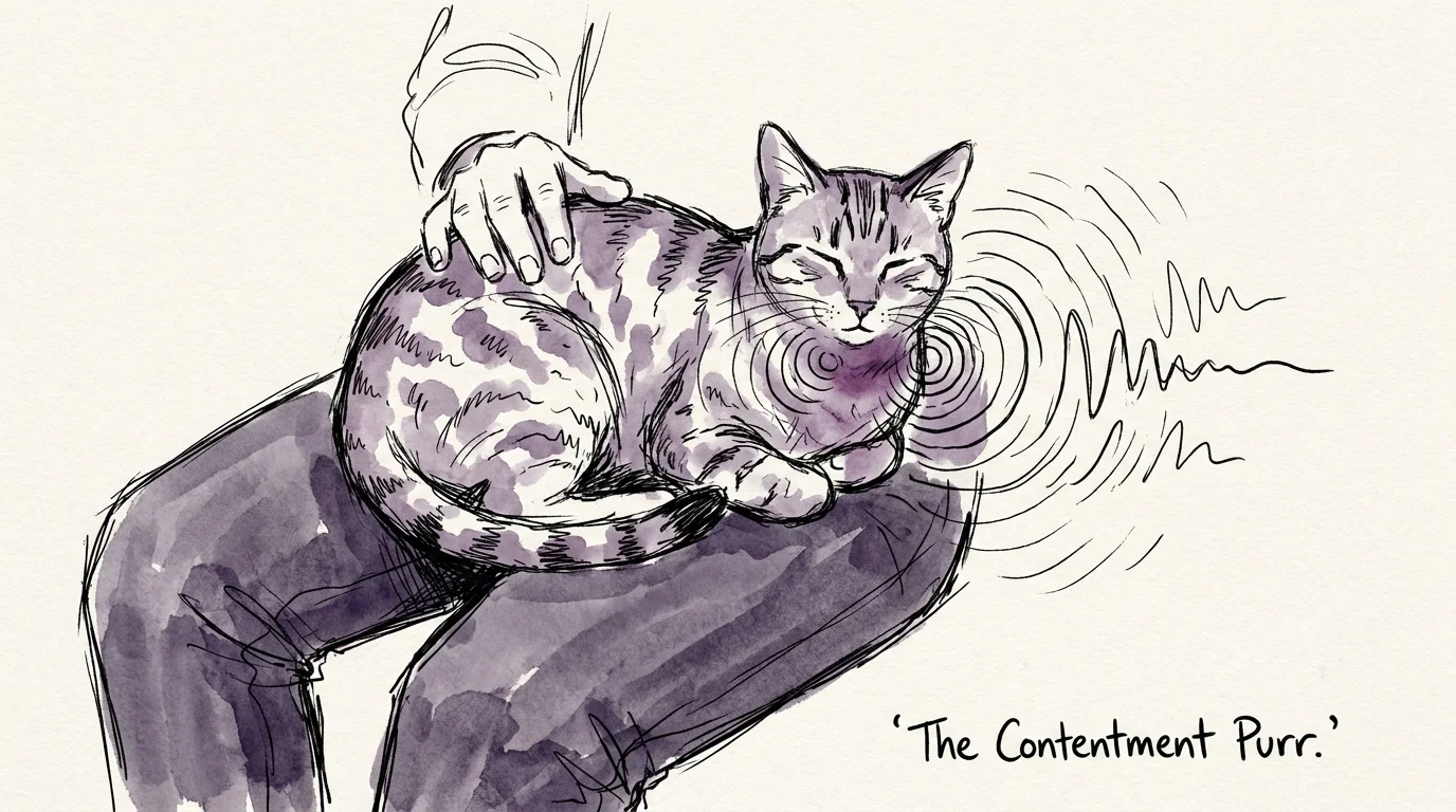 An ink sketch of a cat purring on a lap, with motion lines indicating the sound of contentment.