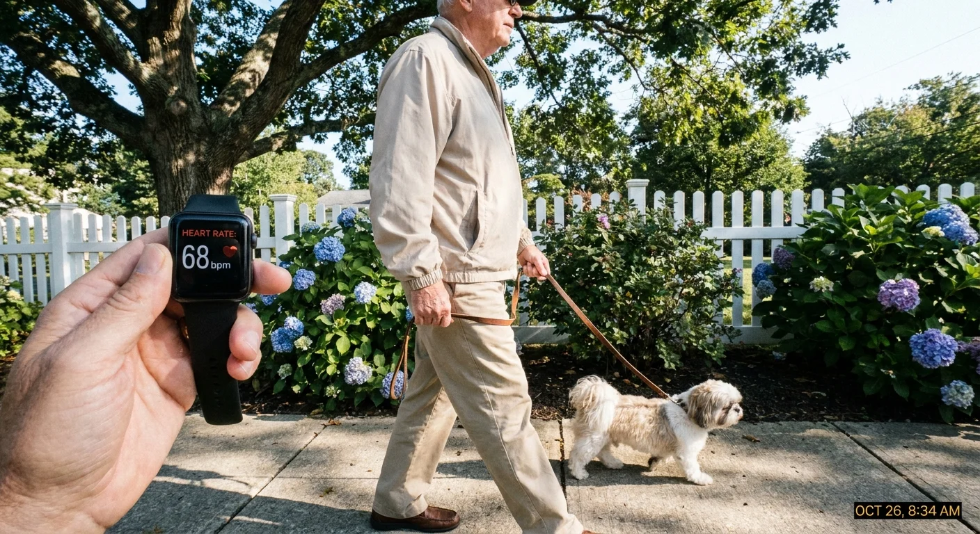 An older man calmly walks a small Shih Tzu dog on a sidewalk, emphasizing a healthy daily routine.