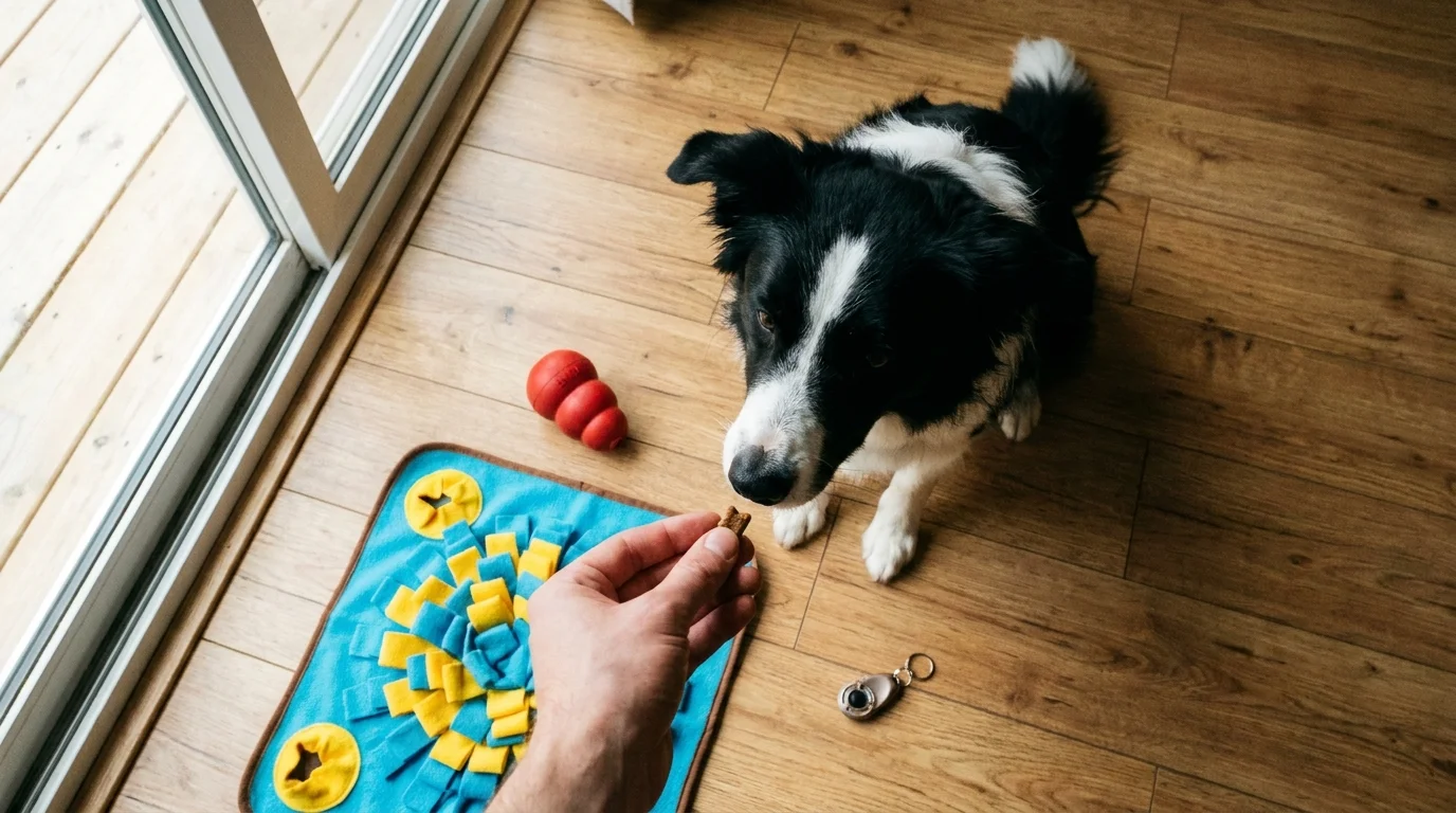An overhead view of a person training a dog with treats and enrichment toys on a wooden floor.