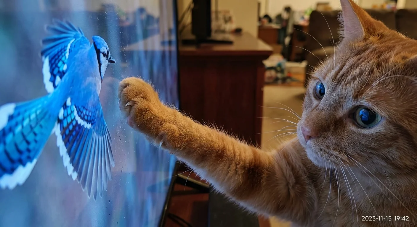 Close-up of a cat's paw touching a TV screen that shows a bird in flight.