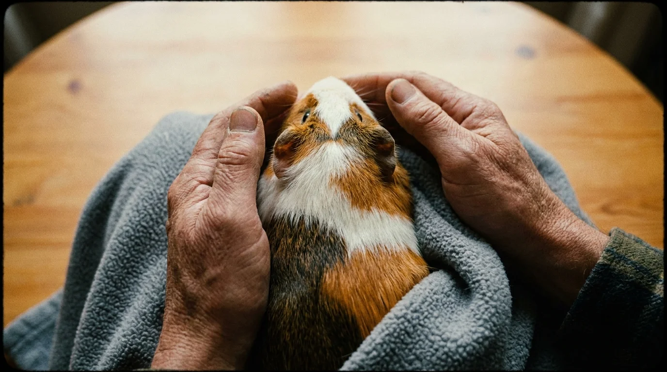 Close-up of a person's hands gently holding a small guinea pig wrapped in a soft grey blanket.