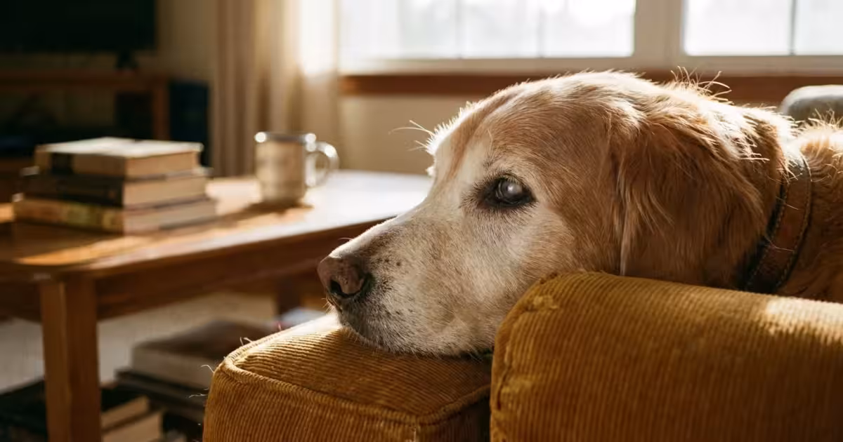 Close-up of an elderly Golden Retriever with a grey muzzle resting on a cushion in warm, natural morning light.