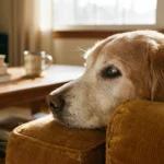 Close-up of an elderly Golden Retriever with a grey muzzle resting on a cushion in warm, natural morning light.
