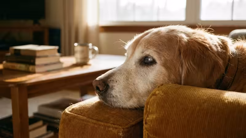 Close-up of an elderly Golden Retriever with a grey muzzle resting on a cushion in warm, natural morning light.