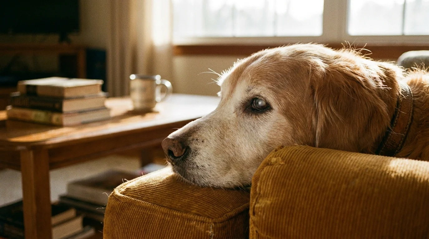 Close-up of an elderly Golden Retriever with a grey muzzle resting on a cushion in warm, natural morning light.