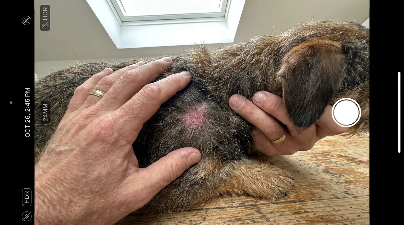 Close-up photo of hands parting dog fur to inspect a patch of red, flaky skin on a wooden surface.