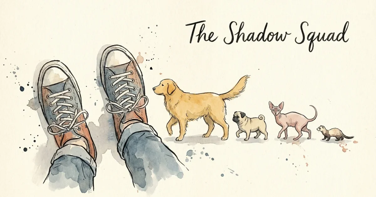 Ink and watercolor illustration of a person walking with a line of different pets following closely behind their heels.