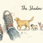 Ink and watercolor illustration of a person walking with a line of different pets following closely behind their heels.
