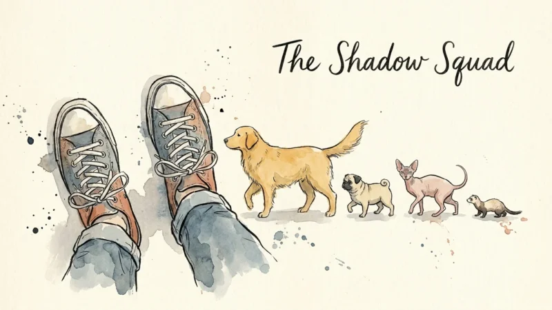 Ink and watercolor illustration of a person walking with a line of different pets following closely behind their heels.