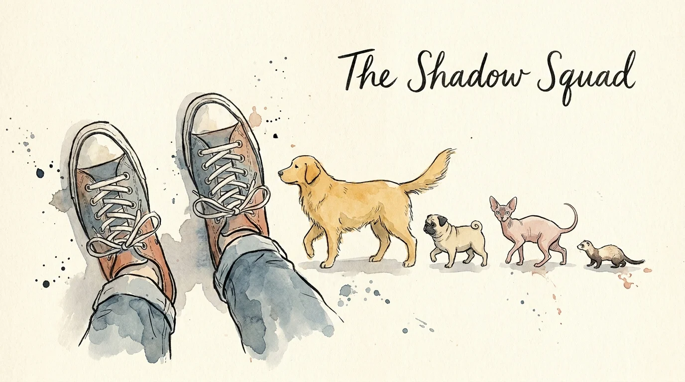 Ink and watercolor illustration of a person walking with a line of different pets following closely behind their heels.