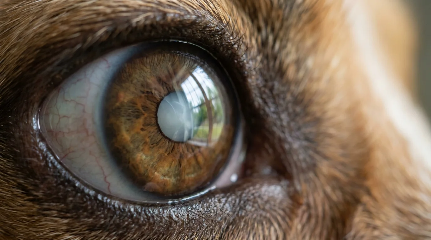 Macro photograph of a dog's eye showing a milky cloudiness in the pupil and slight redness in the white area.