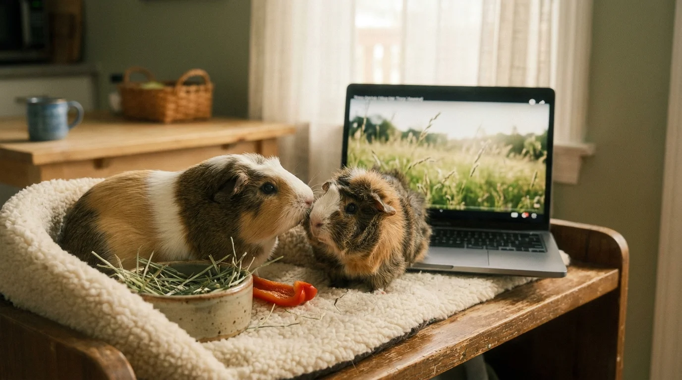 Two guinea pigs huddle in a fleece bed while watching a calm nature video on a laptop.