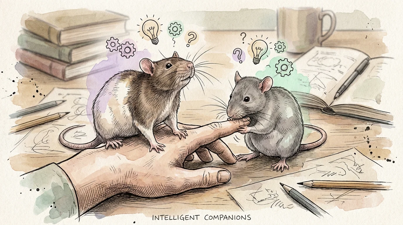 Watercolor illustration of two pet rats interacting intelligently with a person's hand on a desk.