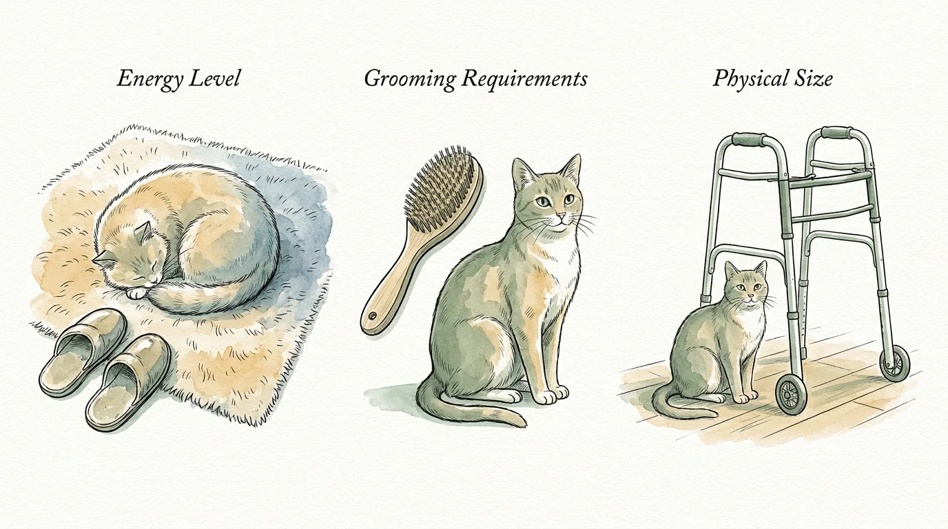 Watercolor illustrations of a sleeping cat, a grooming brush, and a cat sitting safely away from a walker.